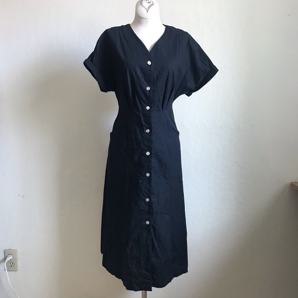 Dresses & Skirts - Linen Women’s Classic Button Front Short Sleeve Black Midi Dress Small